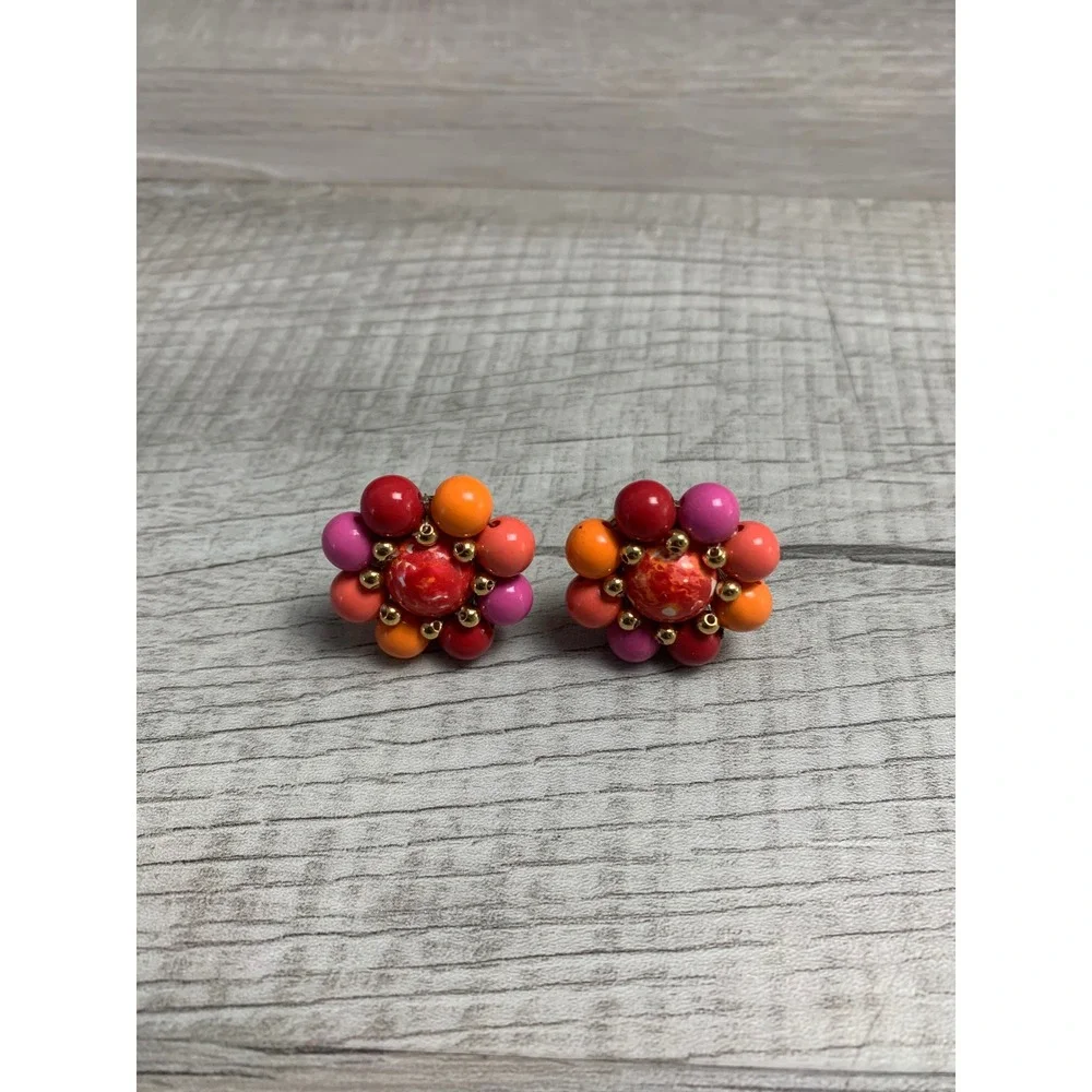 Vintage Multi Color Beaded Cluster Clip On Earrings Red Orange Pink Gold Tone